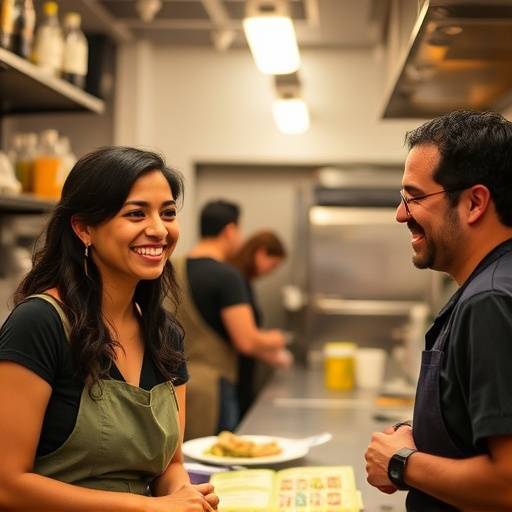 A candid photo of the FeastForward co-founders, Anya Sharma and Ben Carter, smiling warmly in a bustling local kitchen, discussing a menu.