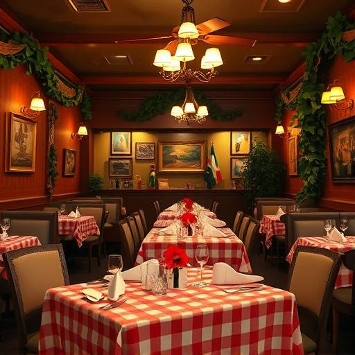 A cozy interior of Bella Italia restaurant with checkered tablecloths and warm lighting.
