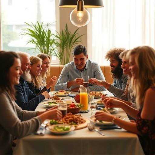 A diverse group of people enjoying a meal together, symbolizing community and shared dining experiences.
