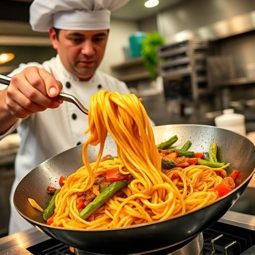 A dynamic shot of a chef stir-frying vegetables and noodles in a wok at 'Wok Fusion'.