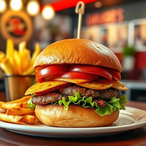 A gourmet burger with all the fixings, served with crispy fries at 'The Burger Joint'.