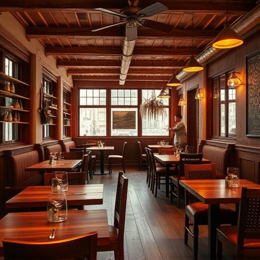 A warm and inviting interior of 'The Italian Gem' restaurant, with rustic wooden tables and soft lighting.