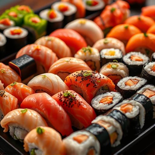 An elegant display of assorted sushi rolls and nigiri at 'Sushi Master'.