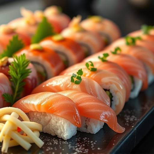Beautifully arranged sushi platter with fresh fish and wasabi at Sushi Zen.