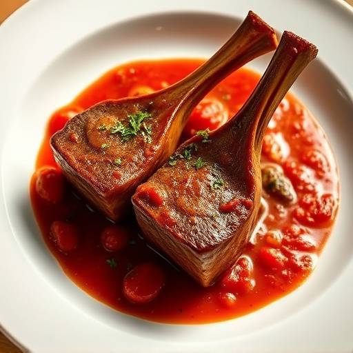 Braised veal shanks cooked in a rich tomato and vegetable sauce, served with gremolata.