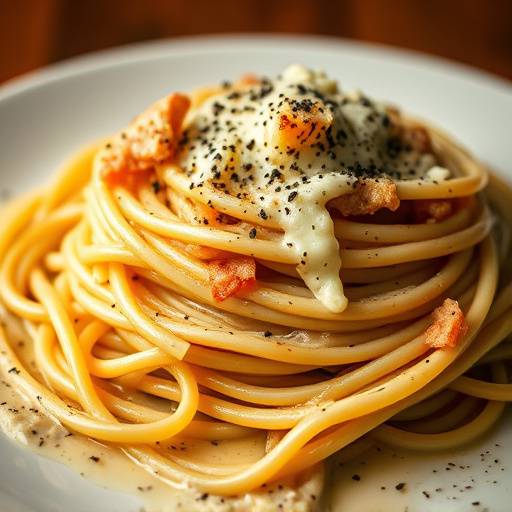 Classic Spaghetti Carbonara with guanciale, eggs, Pecorino Romano cheese, and black pepper.