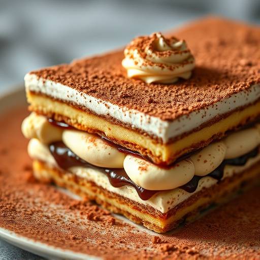 Classic Tiramisu with coffee-soaked ladyfingers and mascarpone cream, dusted with cocoa.