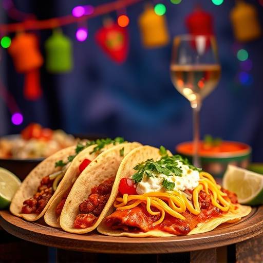 Colorful and festive Mexican dishes, including tacos and enchiladas, at 'El Fuego Taqueria'.