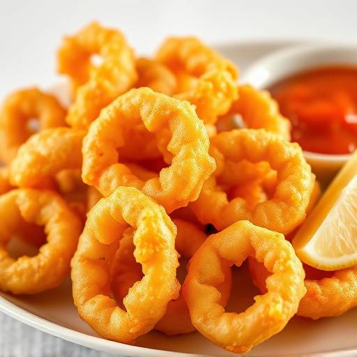 Golden-brown fried calamari rings served with a lemon wedge and marinara sauce.