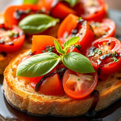 Toasted rustic bread topped with fresh tomatoes, garlic, basil, and a drizzle of balsamic glaze.