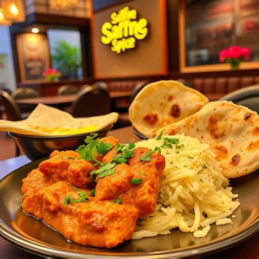 Vibrant and artfully plated Indian dishes at 'Saffron Spice', including butter chicken and garlic naan.