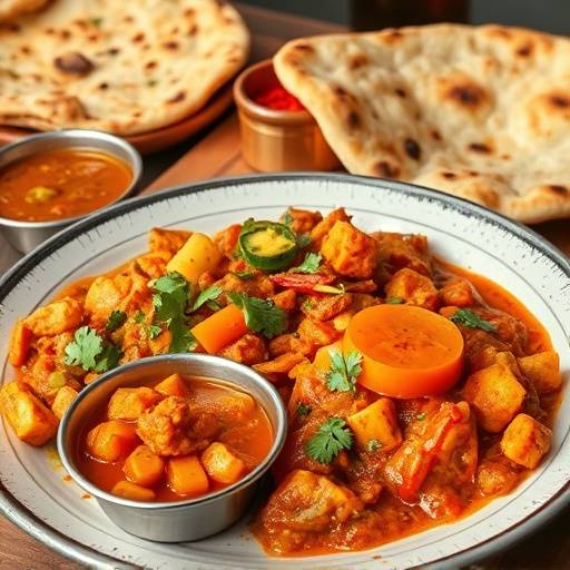 Vibrant Indian spices and food plating at Spice Route, showcasing colorful curries and naan.